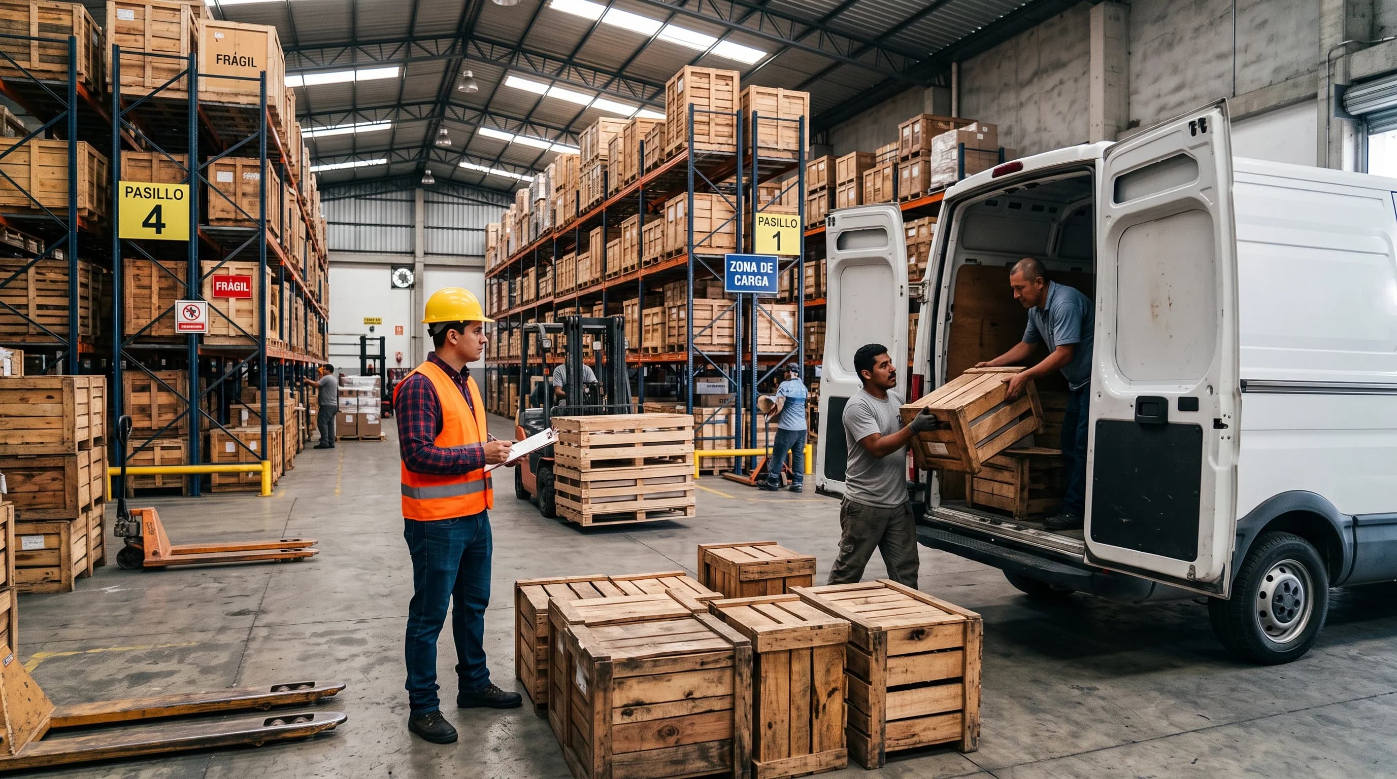 Personal de almacén revisando mercancía en tarimas y cargando cajas de madera en una unidad de reparto.