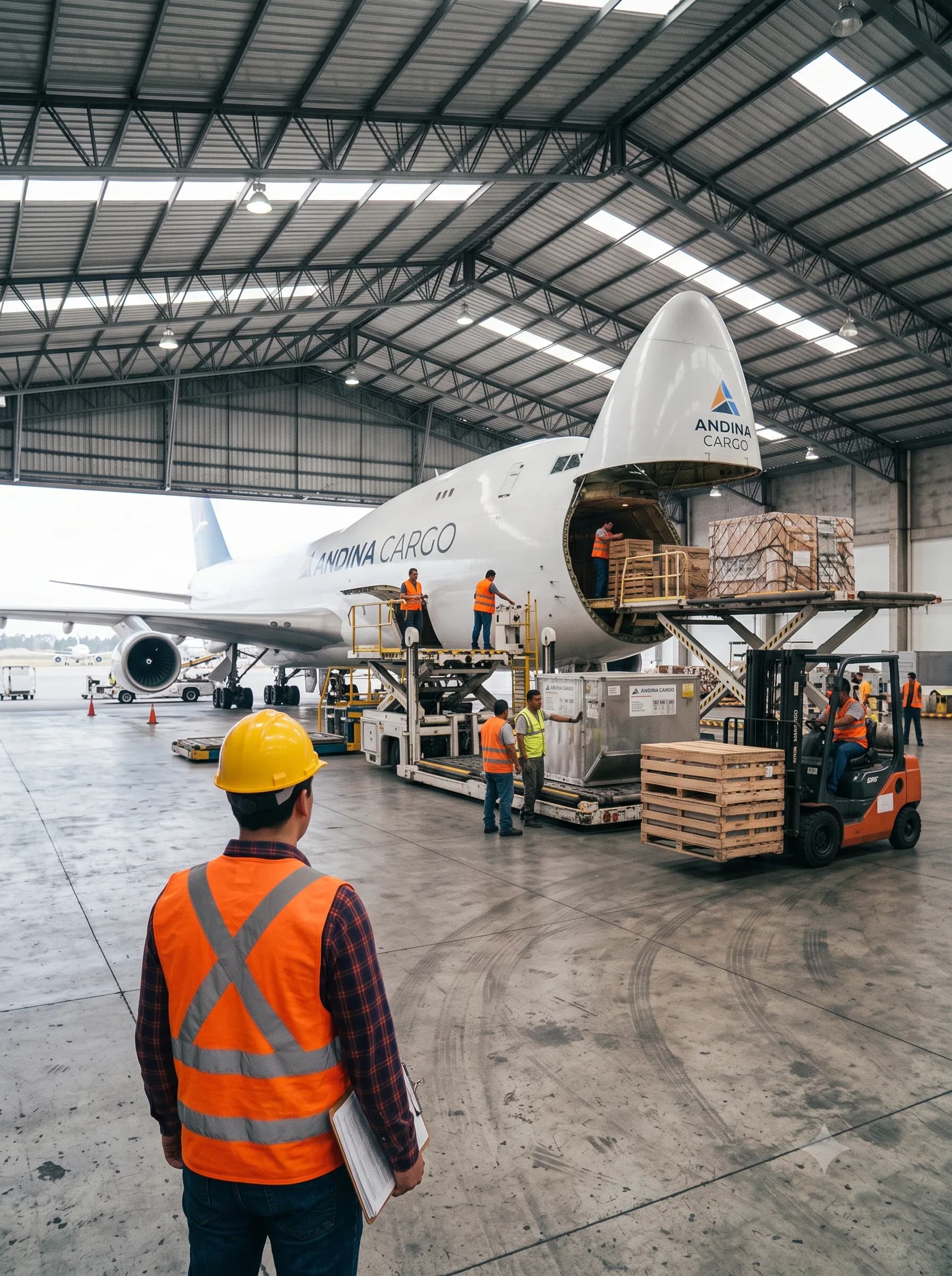 Carga de mercancía en tarimas hacia un avión de carga dentro de un hangar.